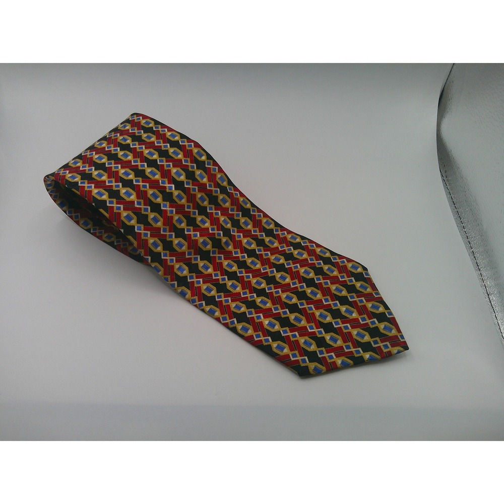 Serica Mens Silk Tie Italy Red Gold Blue Geometric Lattice Diamond Pattern